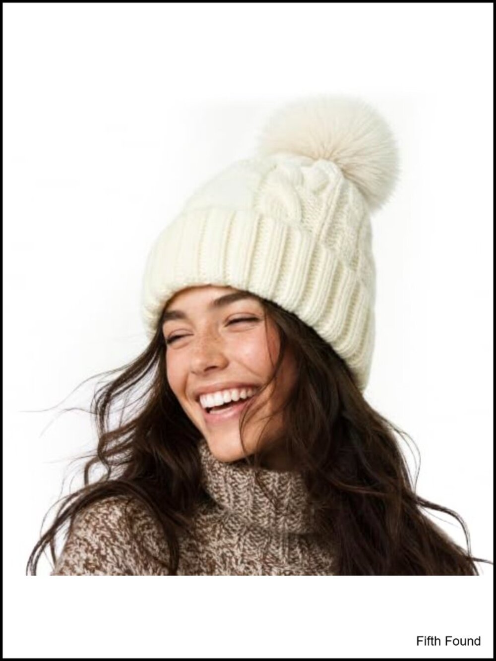Womens Winter Knitted Beanie Hat with Faux Fur Pom, Warm Fleece Lined
